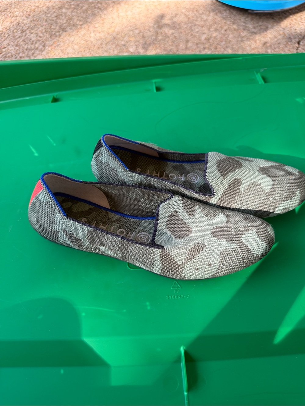 Rothy's Tan and Brown Camo Flats with Blue Trim